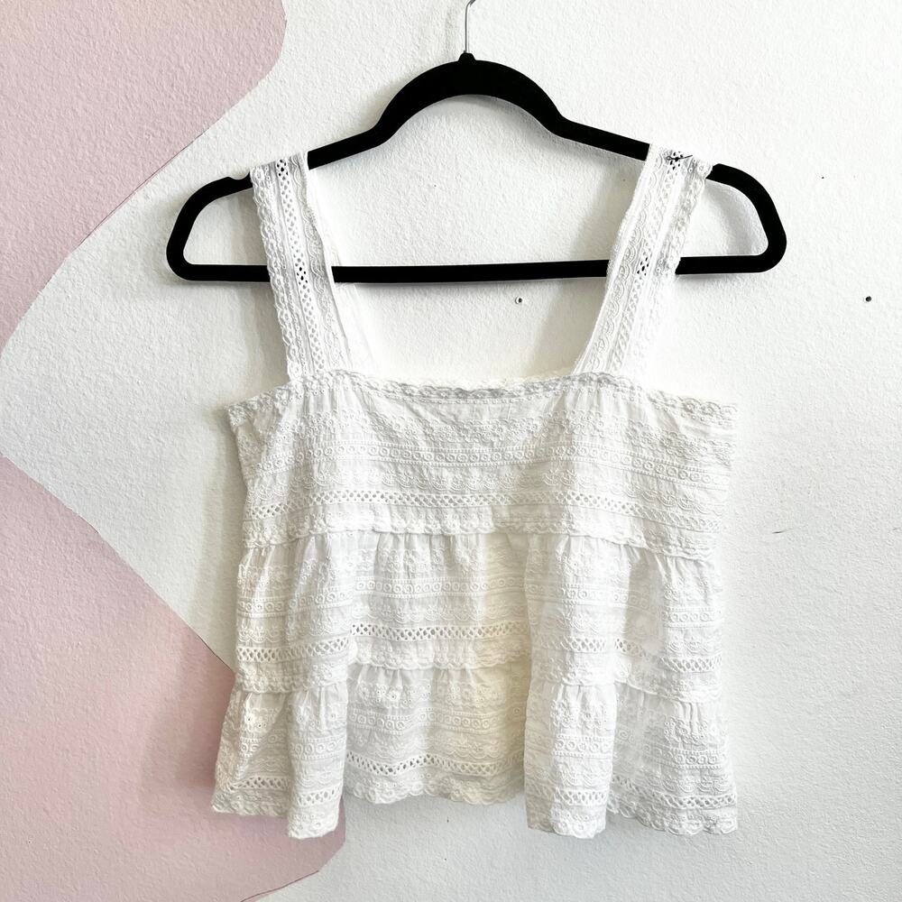 White Eyelet Tiered Babydoll Tank Top Cottagecore Boho Soft Girl Y2K Festival XS